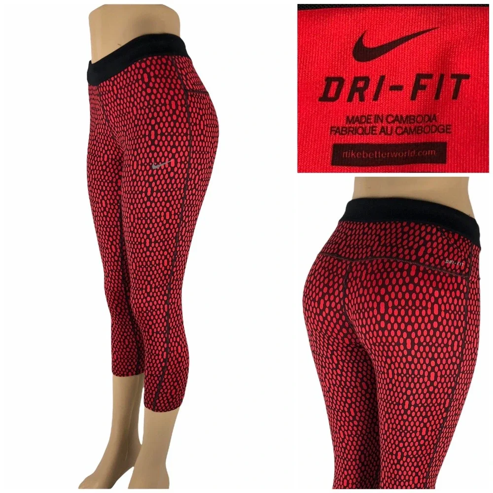 Nike Running Womens Small Leggings Capris Red Dots Polyester Spandex EUC
